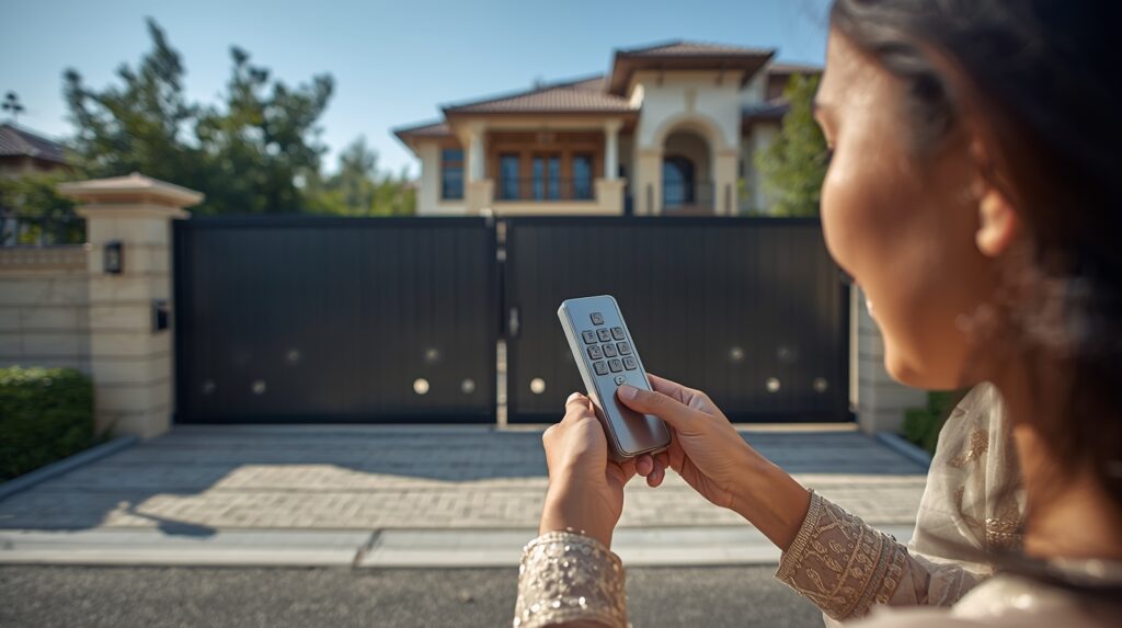 Homeowner using a remote to open an automatic swing gate in Pakistan.
