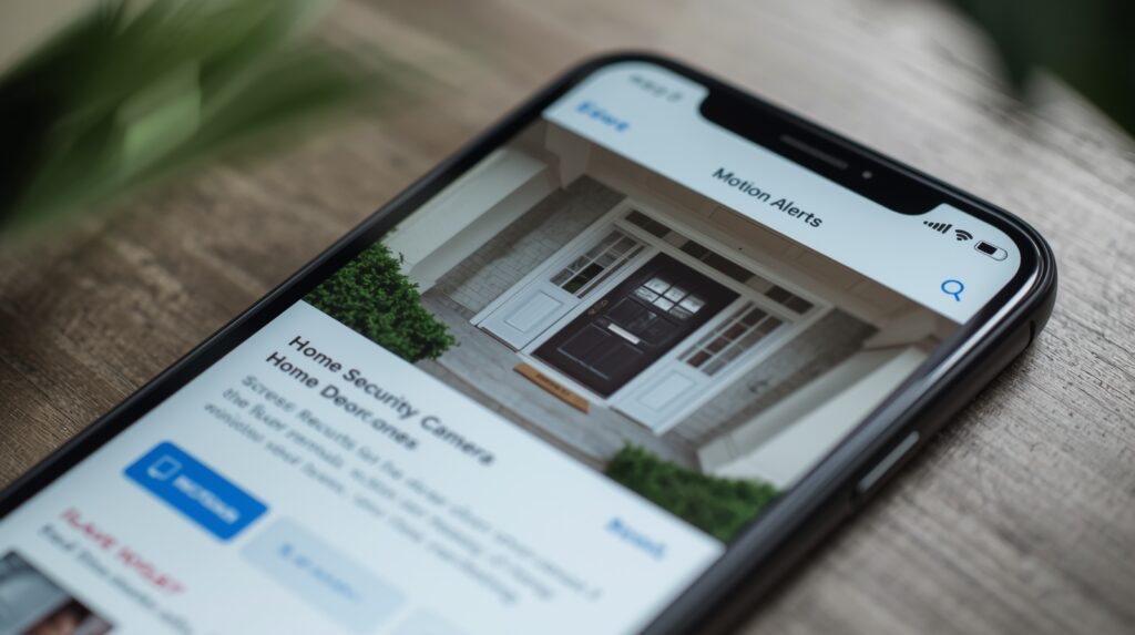 Smartphone showing live CCTV footage with motion alert notification.