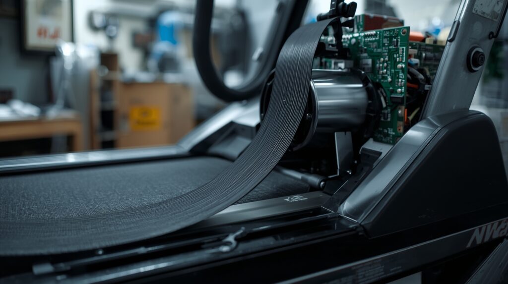 Detailed view of treadmill belt, motor, and electronics during maintenance inspection.
