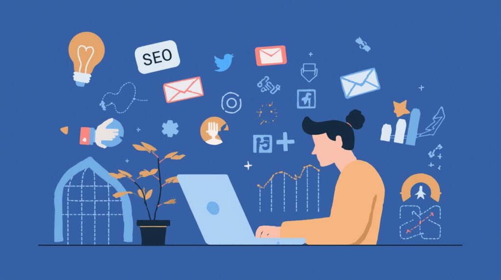 Freelance digital marketer working at a laptop surrounded by digital marketing icons like SEO, analytics, PPC, and social media.