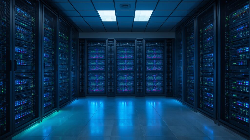 Server room showing centralized storage and connected computers for data sharing.