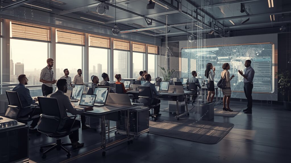 Futuristic office with interconnected devices and collaborative teams showing the benefits of computer networks.