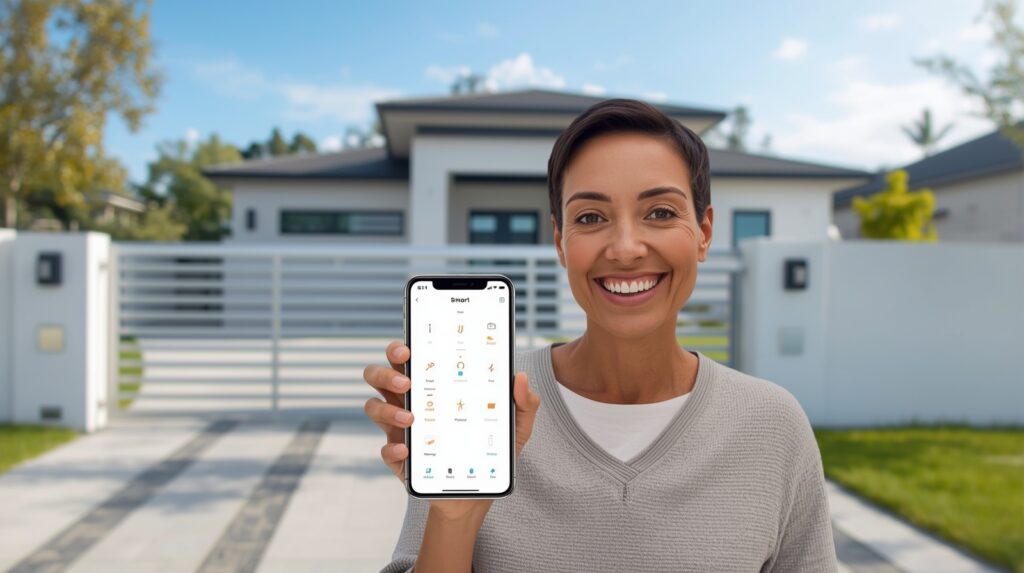 Homeowner using smartphone app to control automatic gate in smart home.