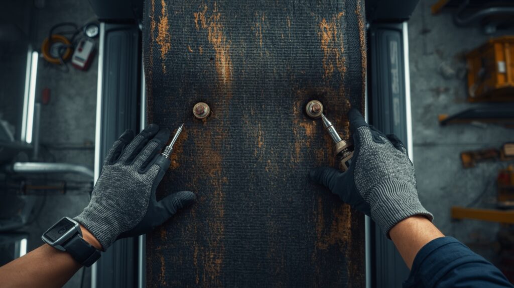 Treadmill running belt slipping and fraying while a technician adjusts alignment bolts