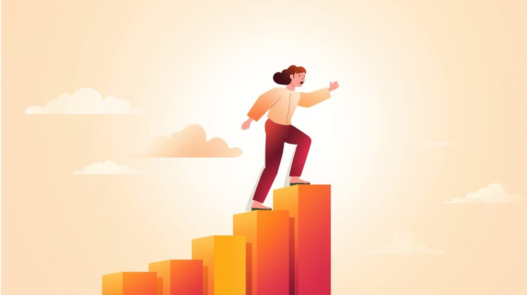 Person working on a laptop with abstract digital marketing symbols like graphs, envelopes, and social media icons