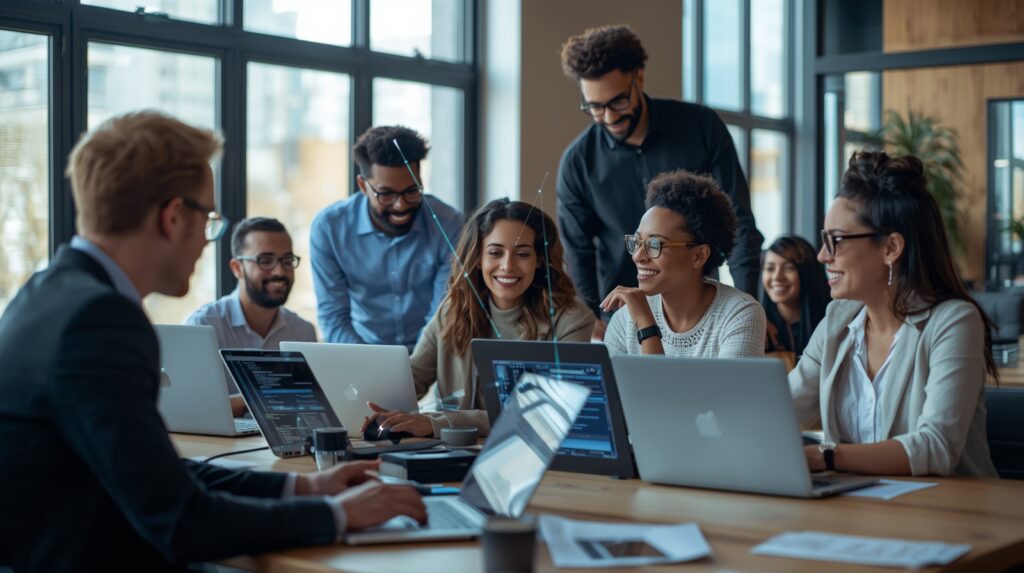 Team of professionals collaborating with laptops connected via a digital network.