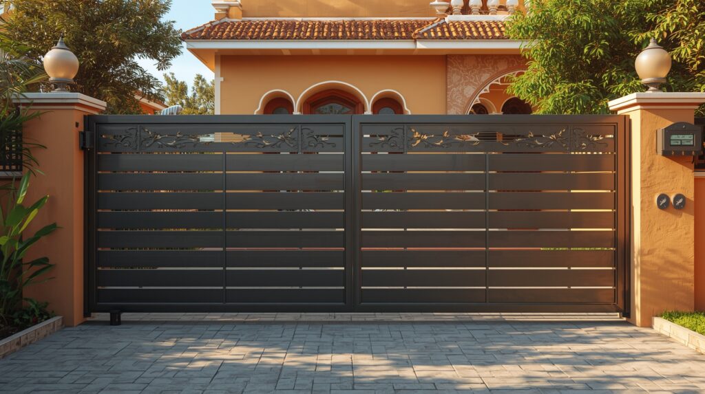 Automatic sliding gate system with motor and track installed in a Pakistani home.