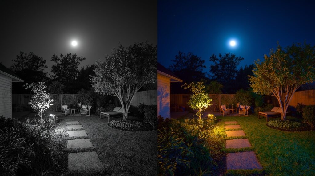 Comparison of black-and-white and color night vision CCTV camera quality.