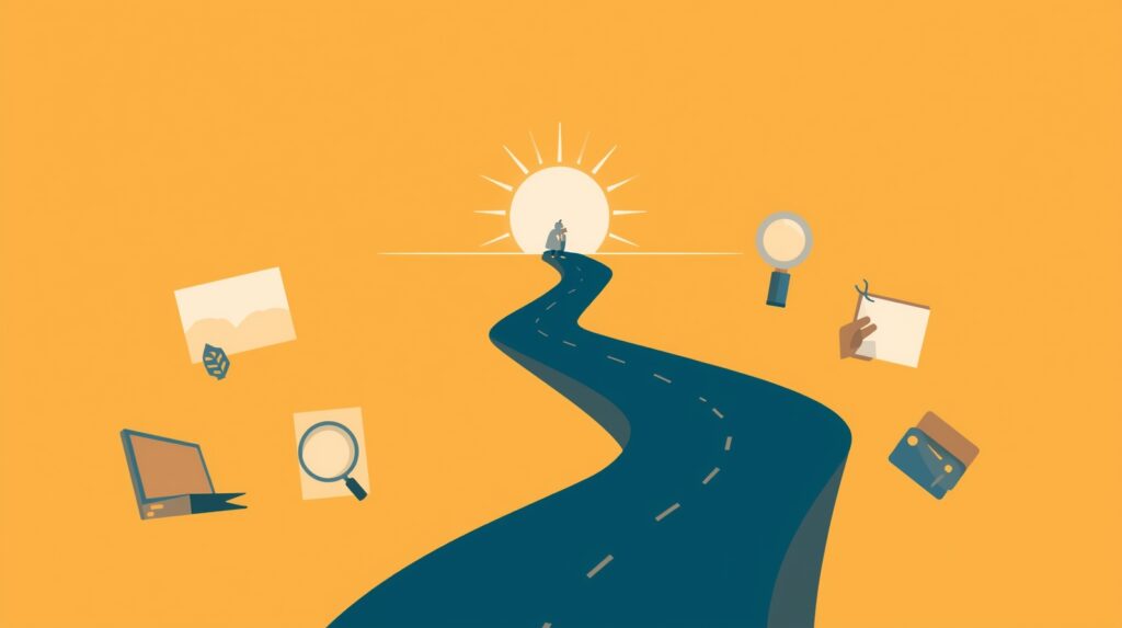 Abstract winding path with icons representing learning, building a portfolio, choosing platforms, and getting clients.