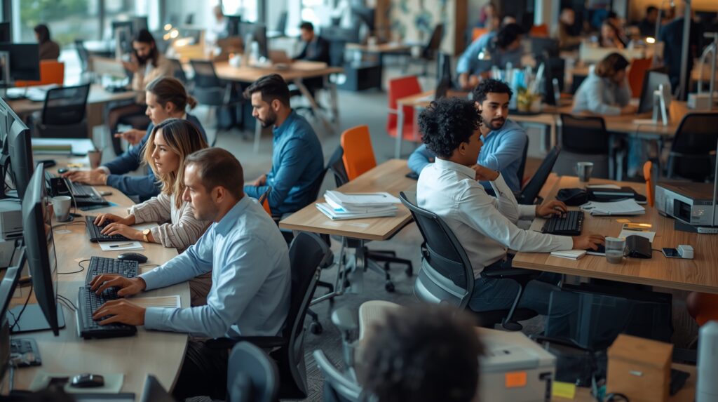 Employees sharing networked devices in an office, illustrating cost efficiency.