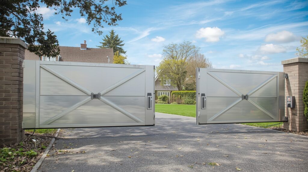 Automatic dual swing gate with visible actuator arms and hinges.