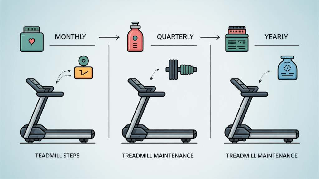 Treadmill maintenance infographic showing monthly, quarterly, and yearly care steps