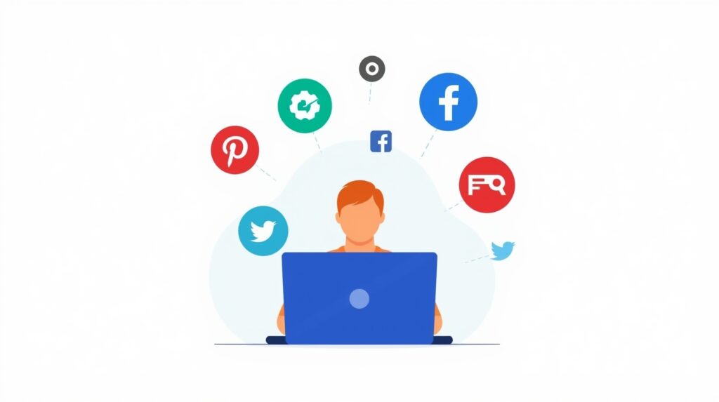 Person browsing on a laptop with floating shapes representing online freelance platforms.