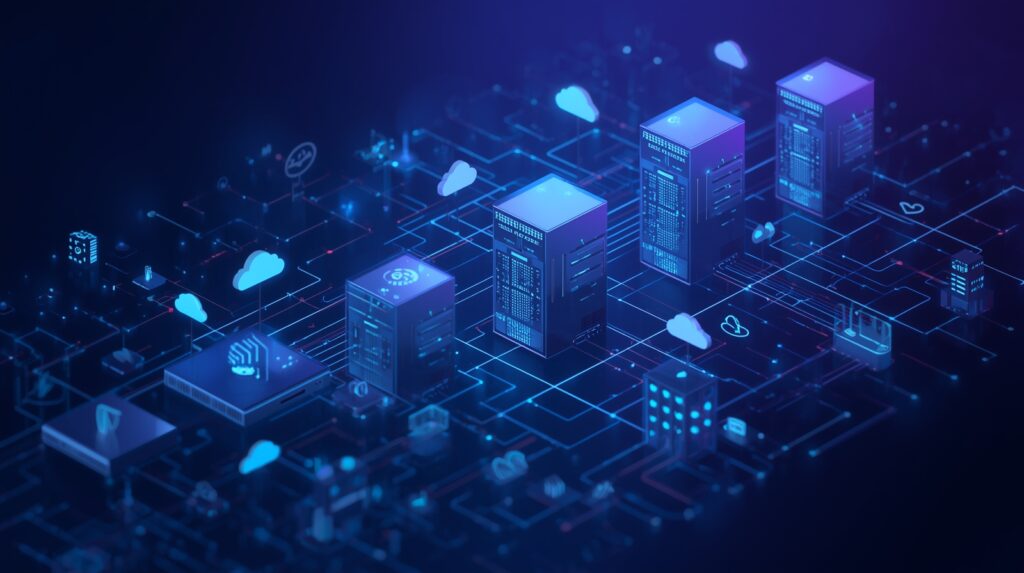 Scalable network infrastructure with servers and cloud connectivity, representing flexibility and growth.