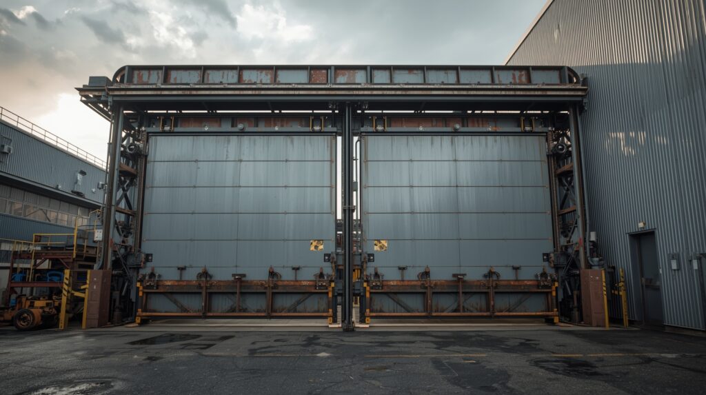 Industrial cantilever automatic gate system operating at a commercial facility.