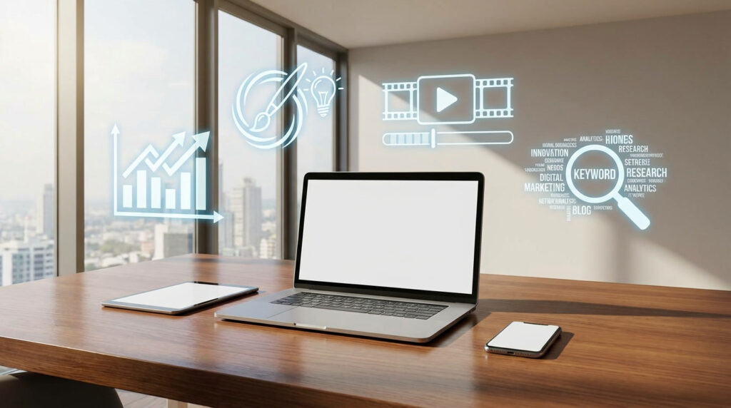 Workspace with digital devices and abstract tool symbols representing analytics, content creation, and marketing tools.