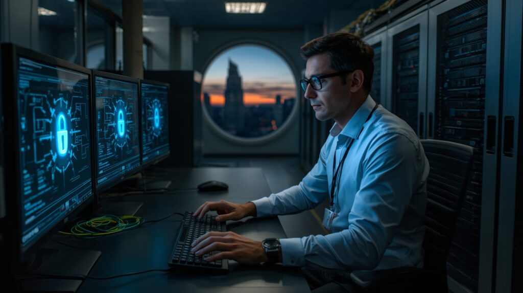 IT admin managing servers in a secure network, illustrating centralized data management and security.