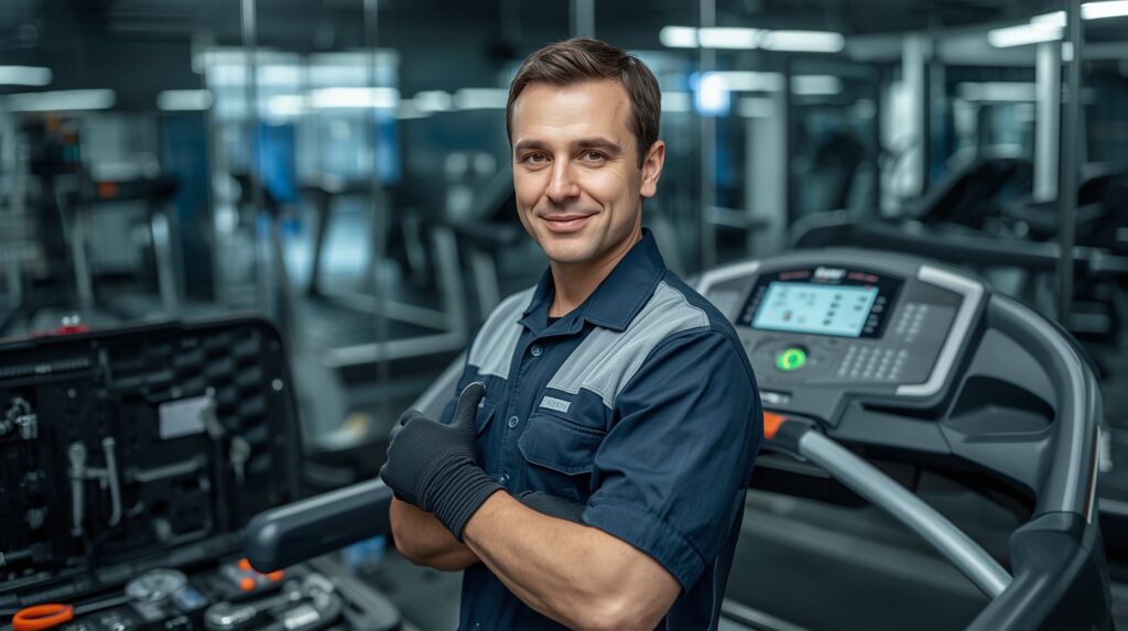 Treadmill technician with a repair toolkit working on a gym treadmill