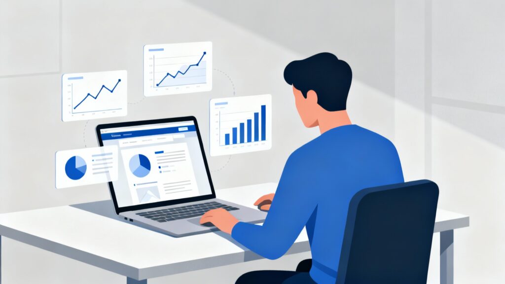 Person analyzing a website with abstract charts representing SEO and digital marketing performance.