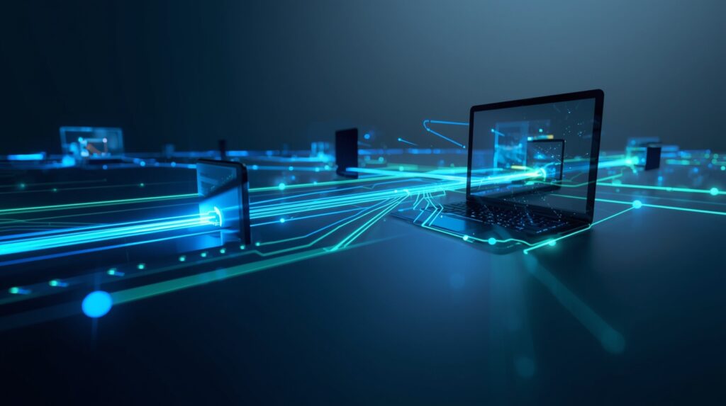 Digital data flow connecting computers, representing fast and reliable network performance.