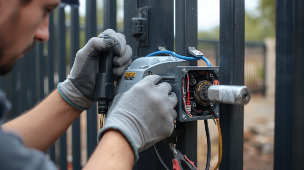 Technician installing automatic gate motor and wiring in Pakistan.