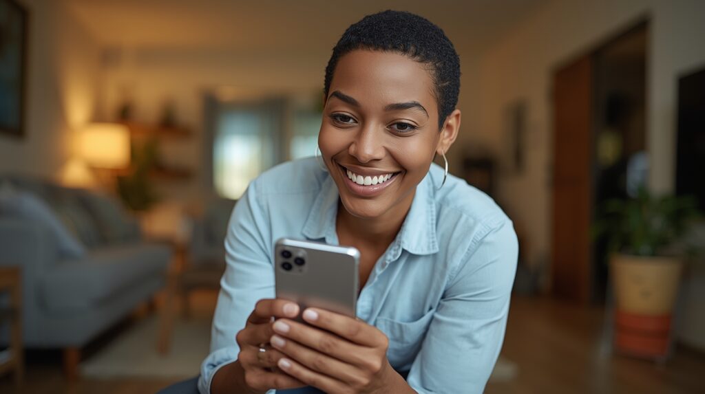 Homeowner remotely monitoring home security footage through smartphone app.