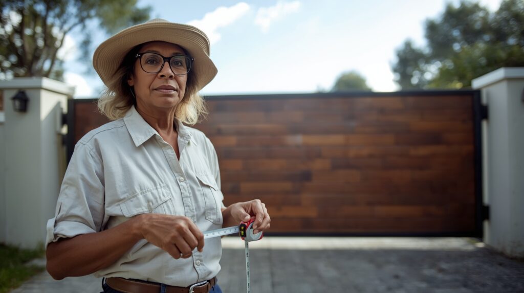 Person measuring driveway gate width and level for automation installation.