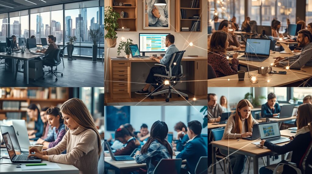 Various work environments connected through a digital network, representing real-world use cases.