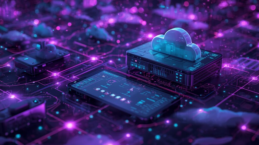 Cloud-connected IoT devices and servers representing emerging technology and automation.