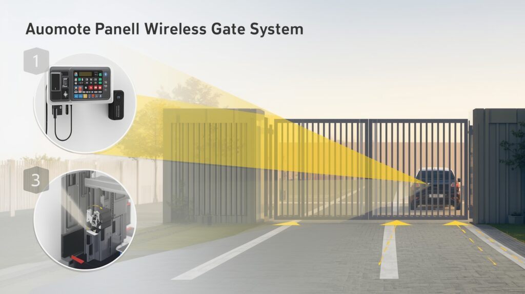 Step-by-step illustration of automatic gate installation and testing process.