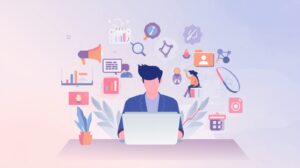 Freelance digital marketer working at a laptop surrounded by digital marketing icons like SEO, analytics, PPC, and social media.