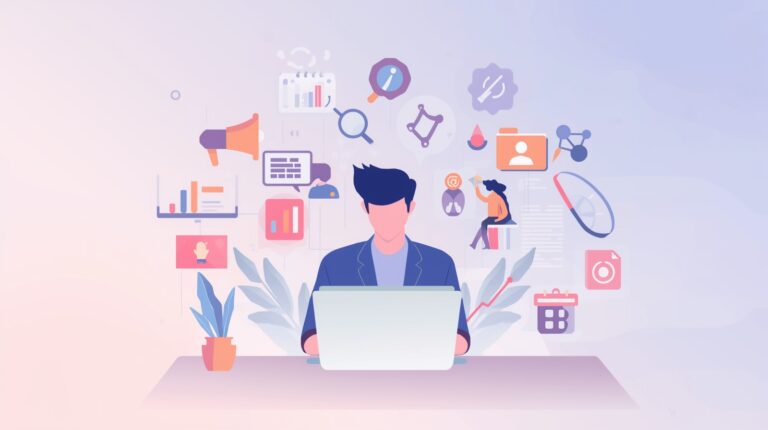 Freelance digital marketer working at a laptop surrounded by digital marketing icons like SEO, analytics, PPC, and social media.