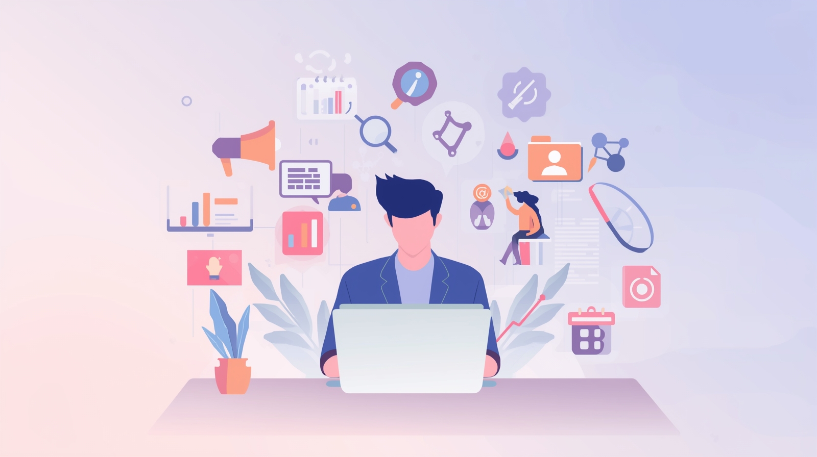 Freelance digital marketer working at a laptop surrounded by digital marketing icons like SEO, analytics, PPC, and social media.