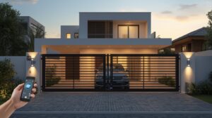Modern Pakistani house with an automatic gate system operated by remote control at sunset.