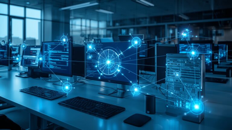 Modern office with computers and servers connected through a digital network, representing network connectivity and collaboration.