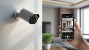 Smart home with CCTV camera streaming live footage to mobile app for home security.