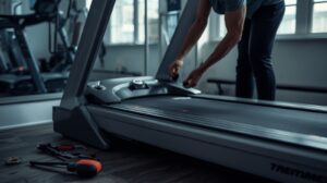 Technician repairing and servicing a home treadmill with tools in a modern fitness room.