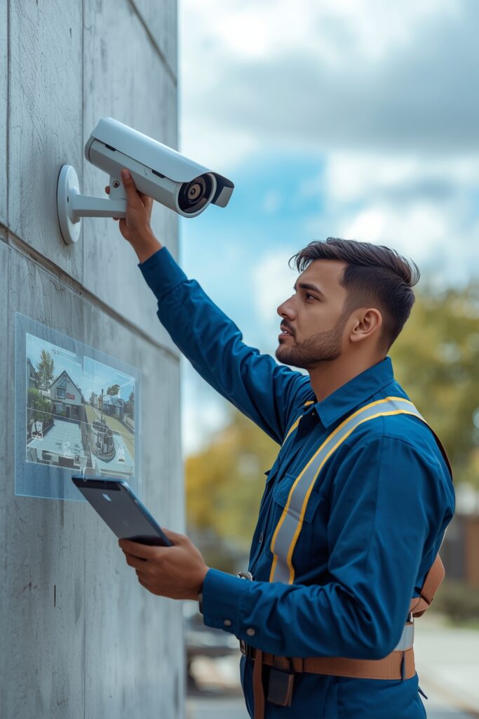 Technician installing a CCTV camera on a building wall for professional surveillance system setup in Oman and Pakistan.