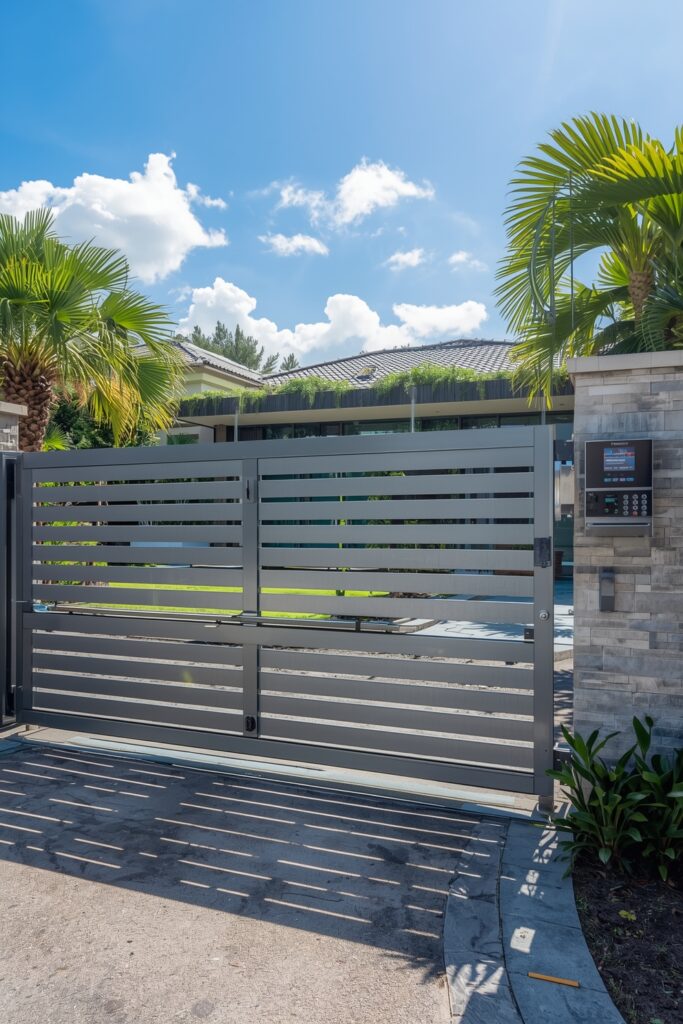 Automatic gate and boom barrier system installed at a modern villa entrance for secure access control.