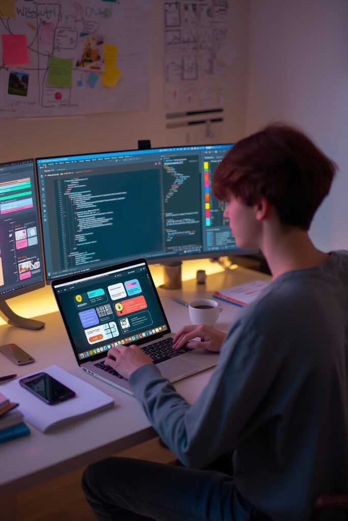 Web designer creating a responsive business website layout on a laptop using modern UI and coding tools.
