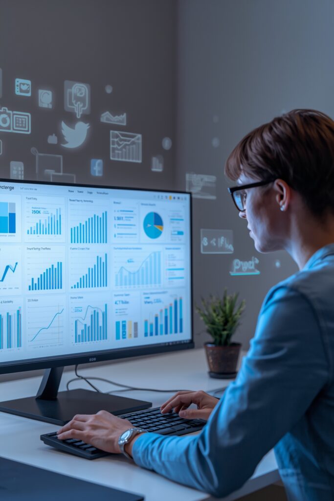 Digital marketer analyzing SEO performance charts and managing social media campaigns for brand growth.