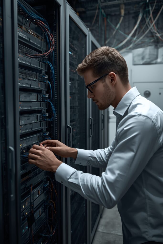 Network engineer configuring server racks and structured cabling for reliable IT infrastructure setup.