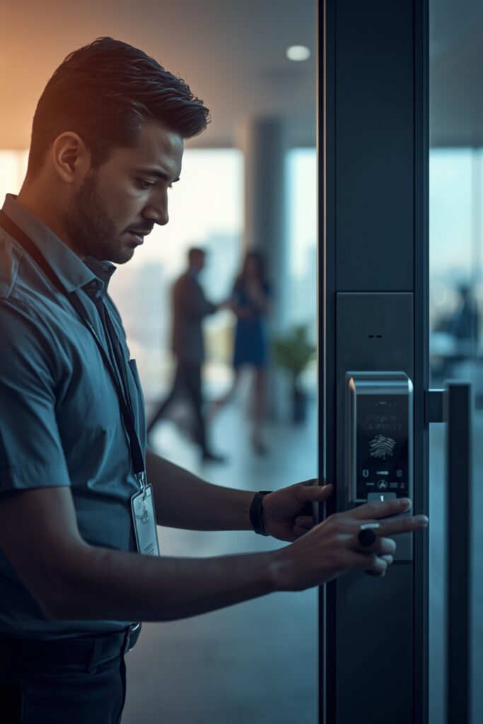 Technician installing biometric fingerprint access control system on office door for secure entry management.
