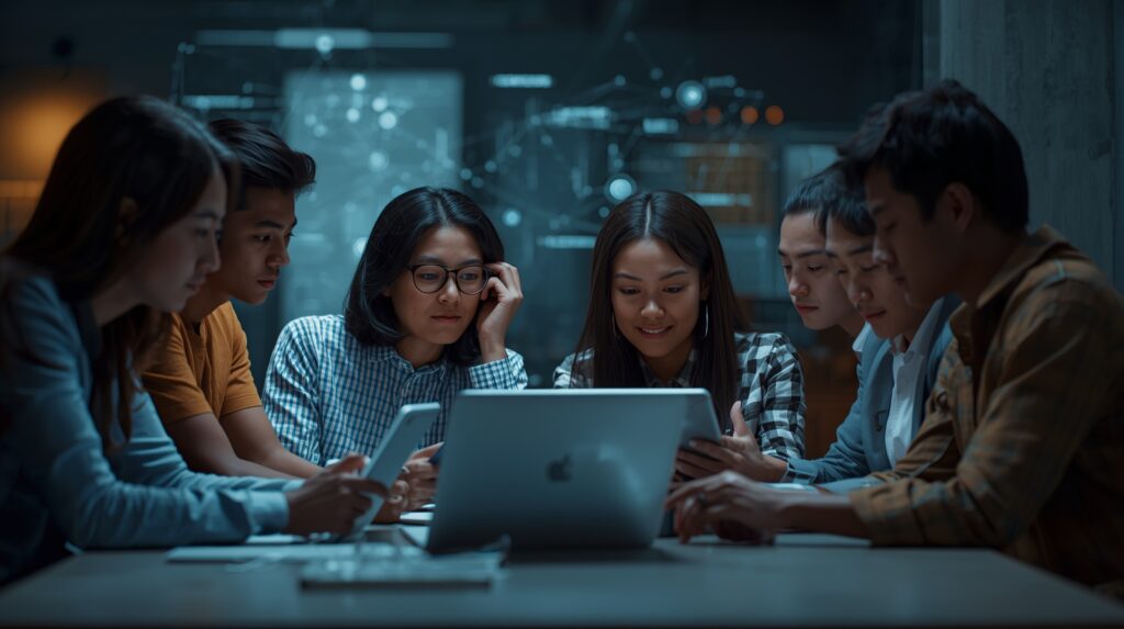 Students collaborating on artificial intelligence projects in an academic setting