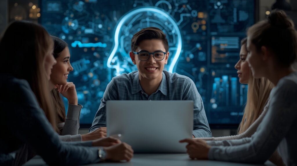 Student showcasing an intermediate artificial intelligence project to peers