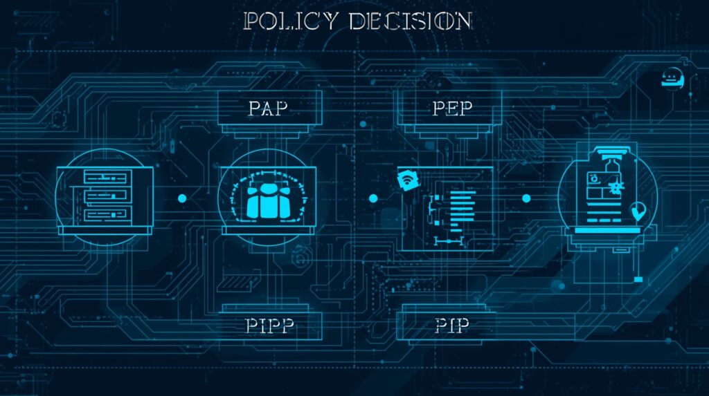 Futuristic access control architecture concept showing decision and enforcement points.