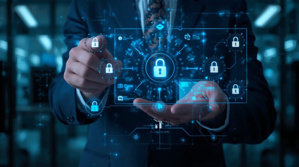 Cybersecurity professional reviewing access control options on a holographic interface.