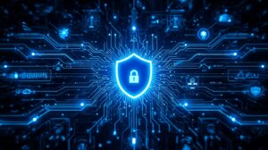 Futuristic cybersecurity shield with digital access control elements glowing in blue.