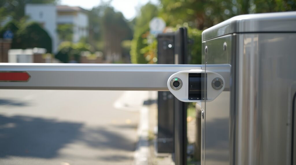 Close-up view of an automatic barrier gate installed at a residential entrance.