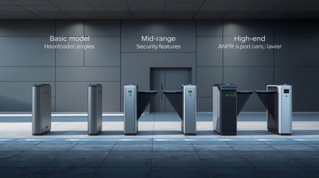 Different types of automatic barrier gates showing basic, mid-range, and high-end models.